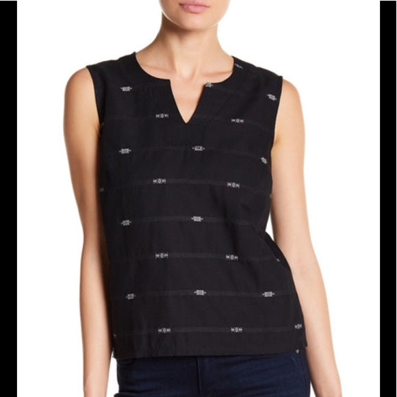 Eileen Fisher Nomadic Stripe Black Round Split Neck Shell Tank Top - Size Small