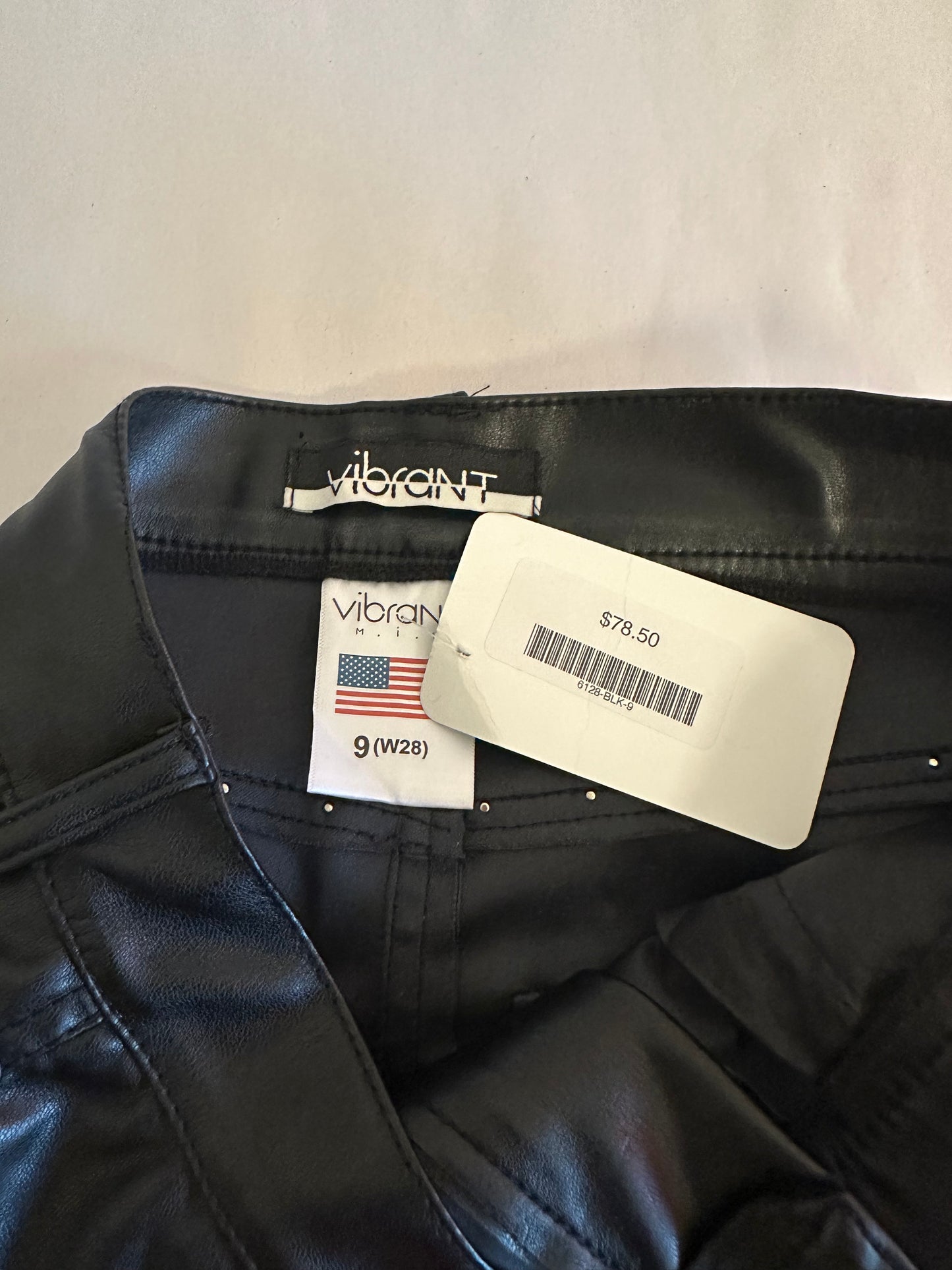 NWT Vibrant Black Leather Pants with Pearl Detailing - Size 28