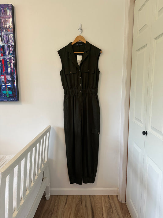 NWT Zara Olive Green Sleeveless Linen Jumpsuit Size Small