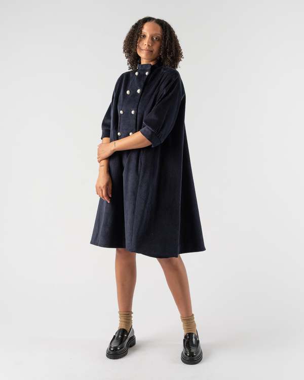 Batsheva Beray Corduroy Coat Double Breasted Mini Dress in Navy | Size XS