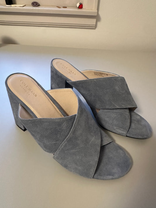 Cole Haan Blue Suede Criss Cross Open Toe Block Heel Mules | Size 9