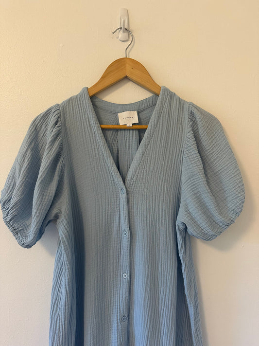 Sundays - Light Blue Decker Button Front Dress in Cotton Gauze | Size Small