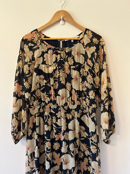 Collective Concepts Chiffon Black and Cream Floral Dress | Size XL