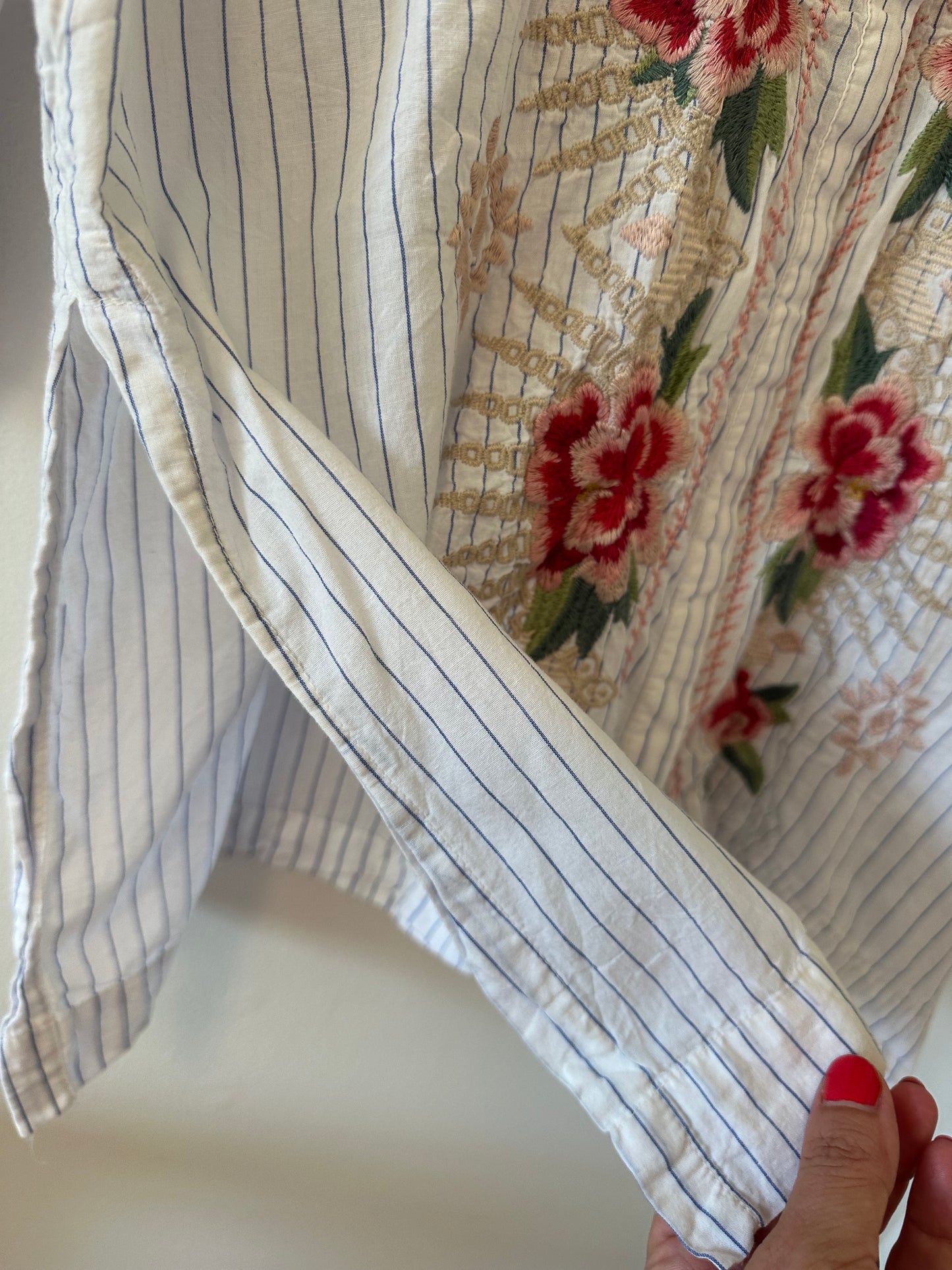 Johnny Was Workshop Striped Floral Embroidered Shirt - Size Medium