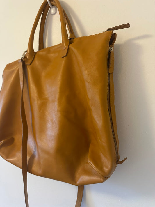 Varriale Tan Leather Zip Top Tote Bag