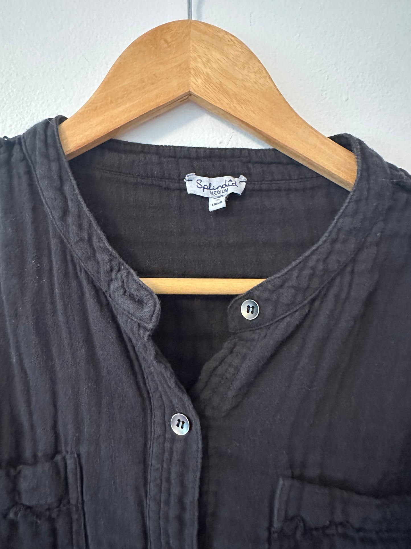 Splendid Black Cotton Gauze Collarless Button-Up Blouse | Size Medium