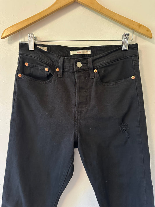 Levi's - Black Ripped and Distressed Wedgie Tapered Jeans with Raw Hem | Size 27