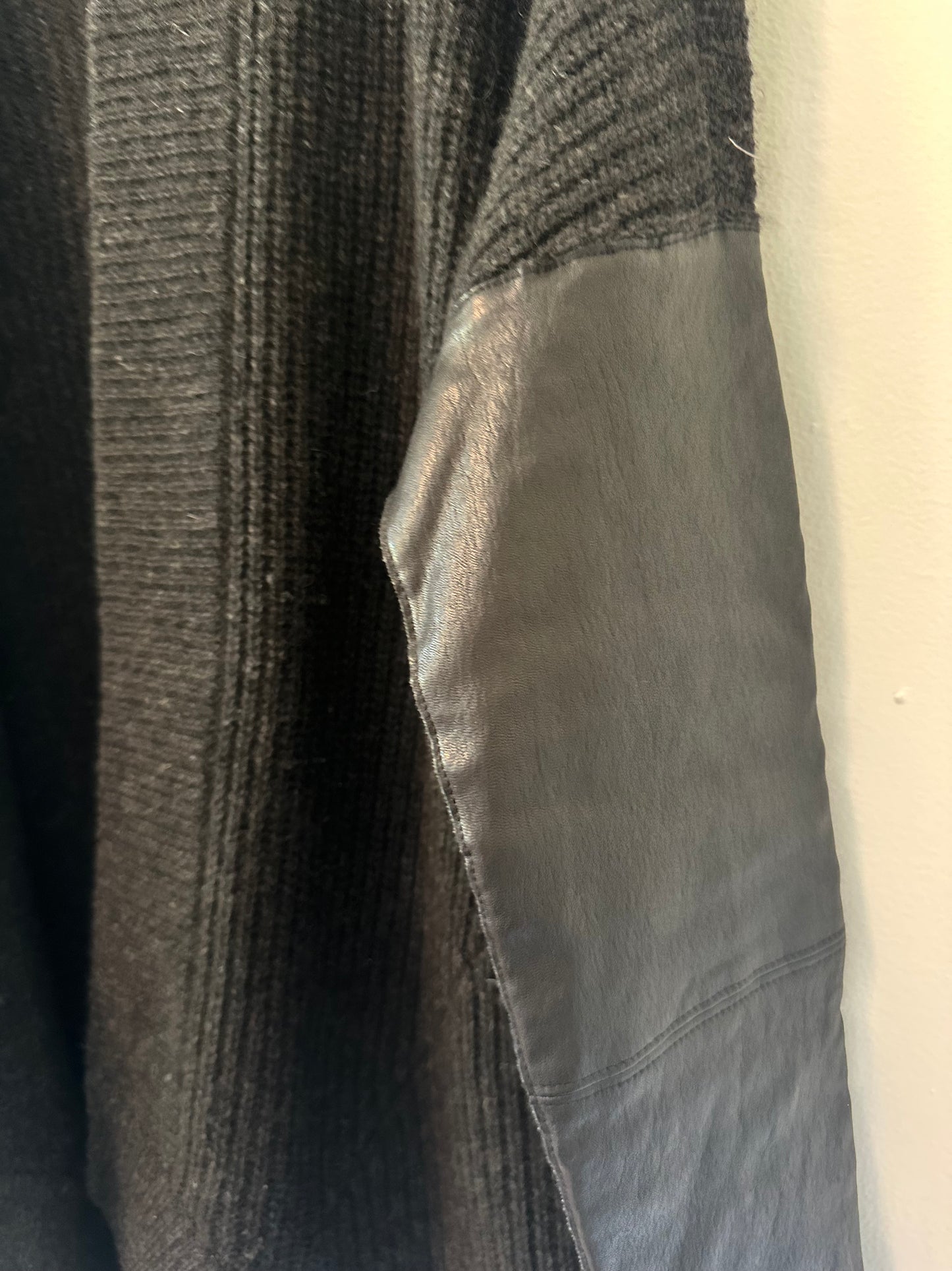 Eileen Fisher Black Wool Cardigan with Leather Details | Size XS