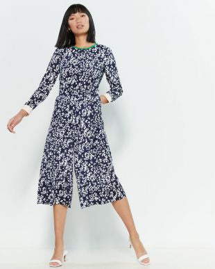 Eliza J NWT Leaf Print Navy and White Floral Wide Leg Cropped Jumpsuit | Size 2