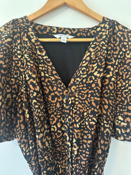 Nine West Puff Sleeve Brown Leopard Print Button Front Mini Dress | Size Medium
