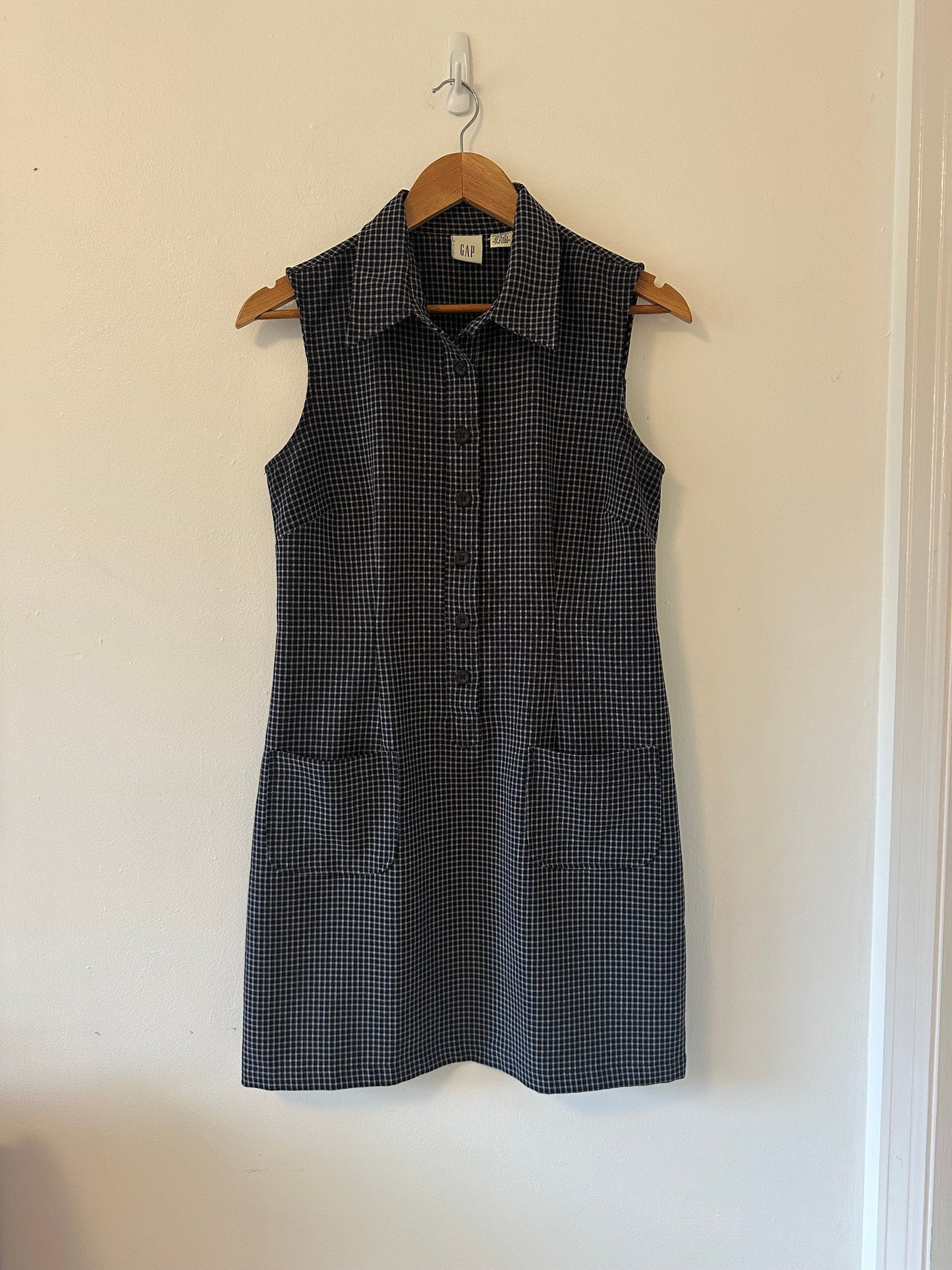 Gap Vintage Women's Black and White Checkered 90s Style Mini Dress with Collar