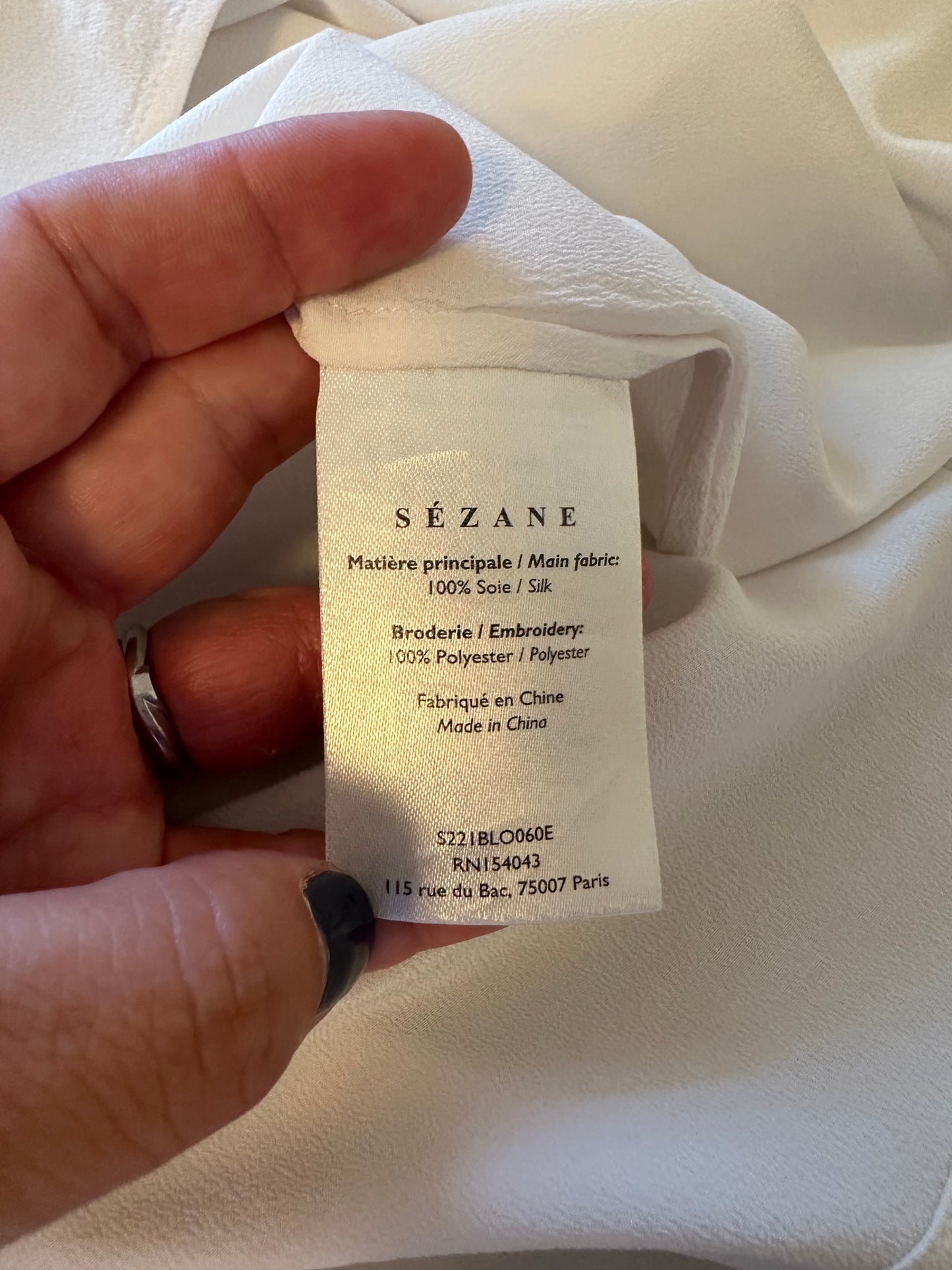 Sezane White Lace Trim Silk Blouse | Size 10 EU 42