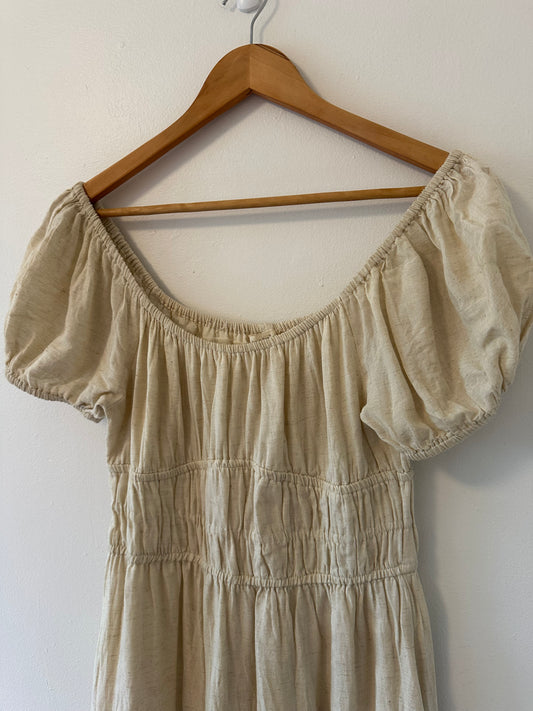 Sim & Sam Cream Puff Sleeve Rayon Linen Midi Dress - Size Medium