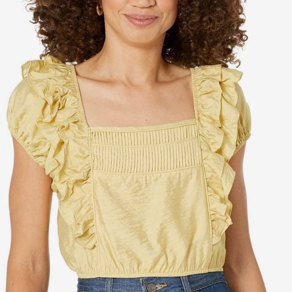 Moon River Puff Sleeve Yellow Ruffled Cropped Blouse | Size XS