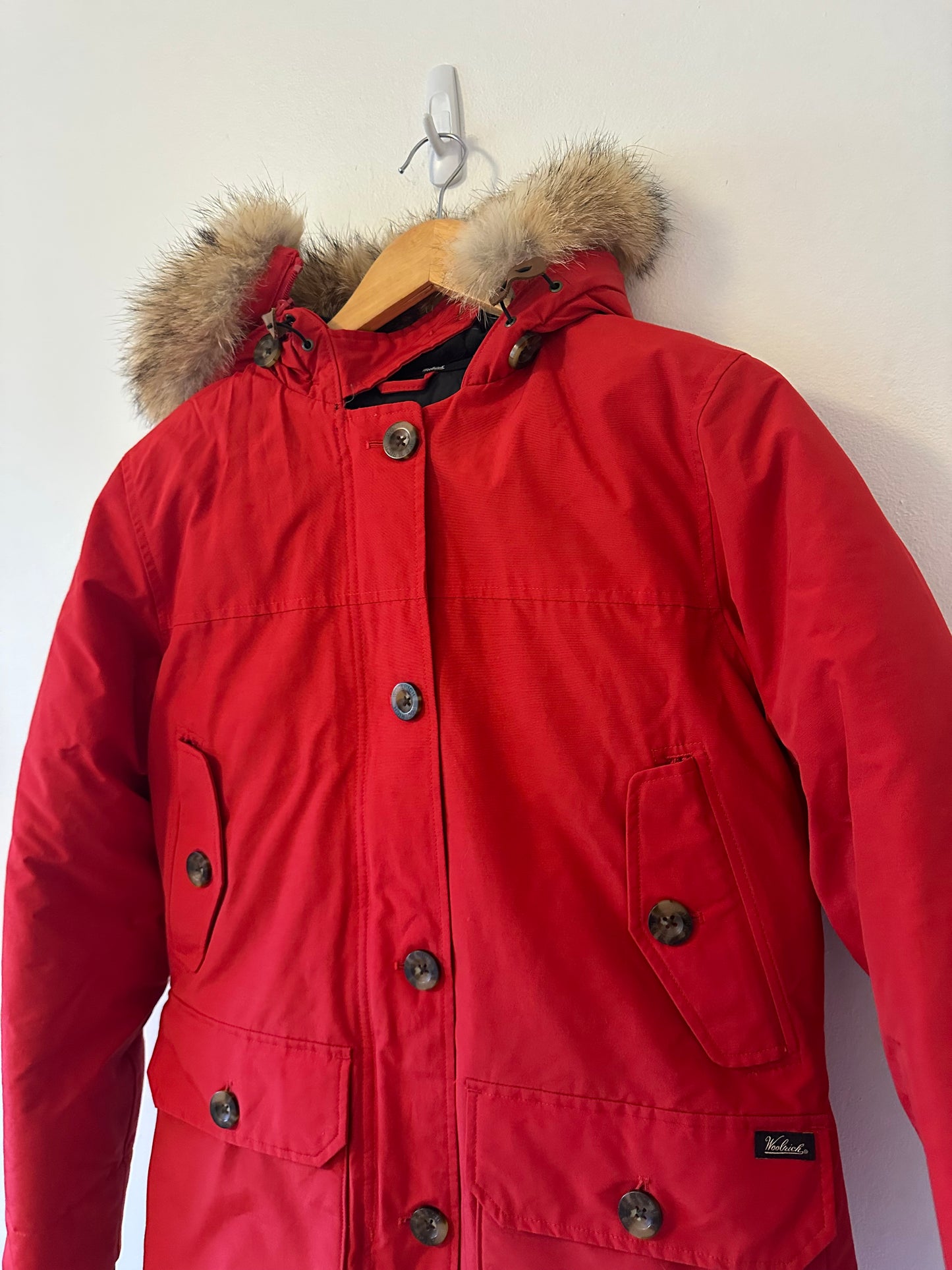 Woolrich Arctic Red Hooded Parka with Coyote Fur Trim | Size XS