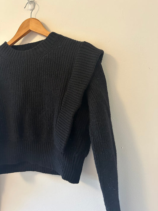 Babaton Black Ribbed Structured Cropped Merino Wool Sweater - Size Small