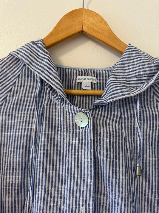 Sigrid Olsen Blue and White Striped Hooded Lightweight Tunic - Size Large