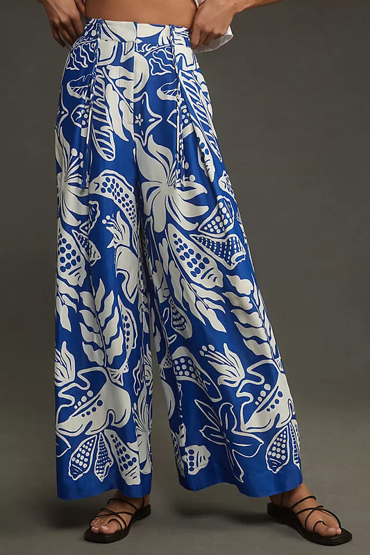 FARM Rio x Anthropologie Tropical Satin Wide Leg Pants in Blue Motif - Size Large
