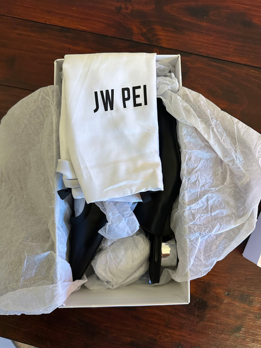 New JW PEI - Black Helena Pierced Mules with Silver Accents in Vegan Leather | Size 8