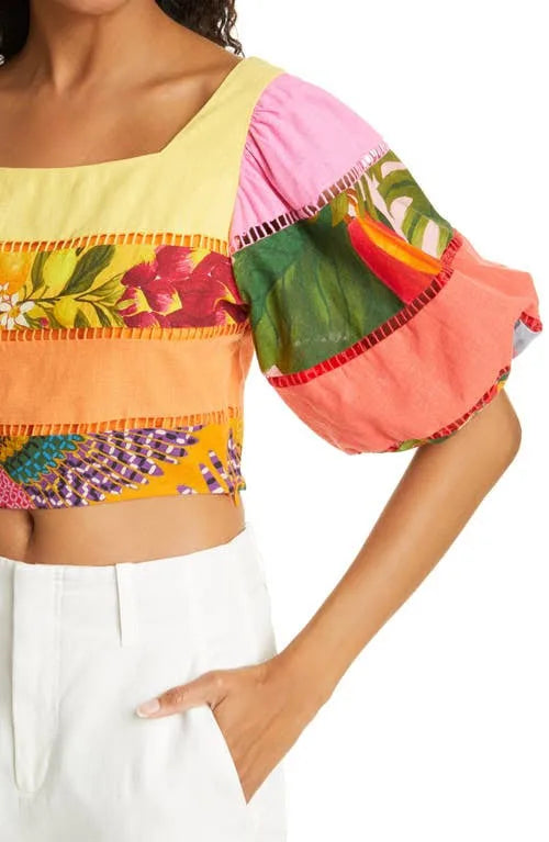 FARM Rio Rainbow Mixed Prints Tiered Linen Blend Top | Size Medium