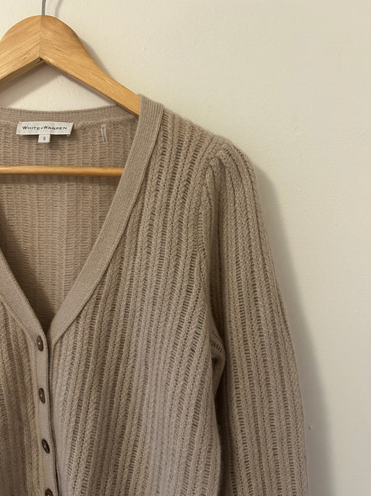 White + Warren Cashmere Textured Cardigan in Jute Heather | Size Small