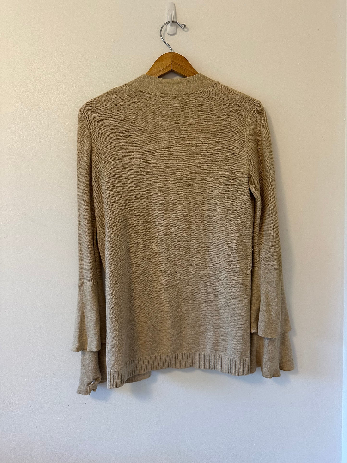 J. Crew Tiered Ruffle Sleeve Tan Open Cardigan Sweater | Size Small