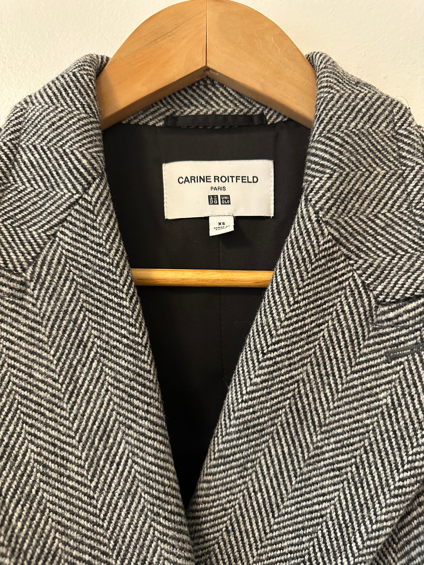 Uniqlo x Carine Roitfeld Herringbone Wool Blend Double Breasted Coat | Size XS