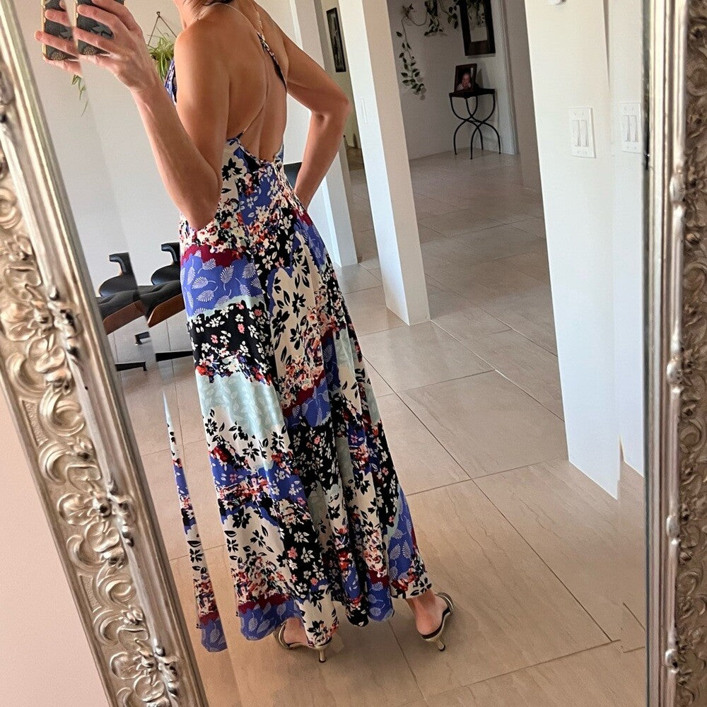 Yumi Kim "Kat" Maxi Flower Print Silk Dress - Size Large