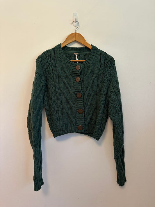 Free People Bonfired Chunky Cable Knit Cardigan in Forest Green | Size Small