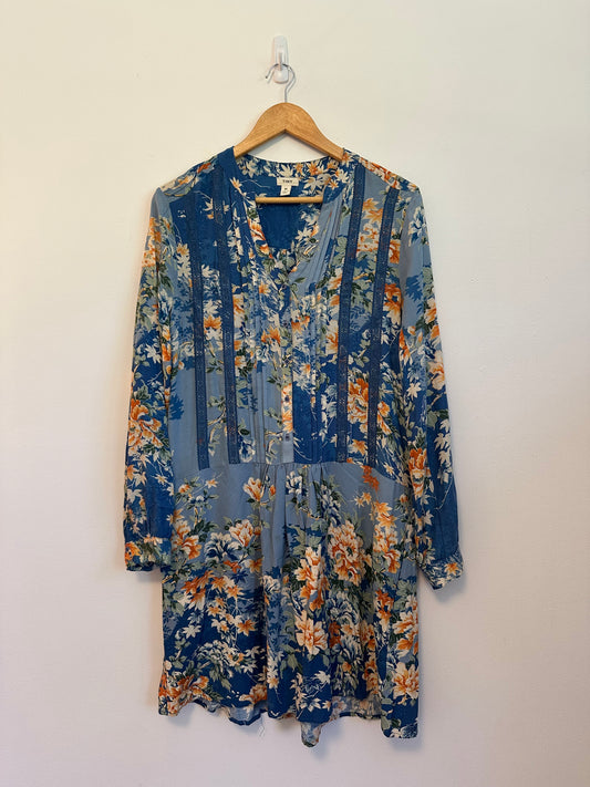Anthropologie x Tiny Blue Floral Lace Trim Pintuck Mini Dress | Size Medium