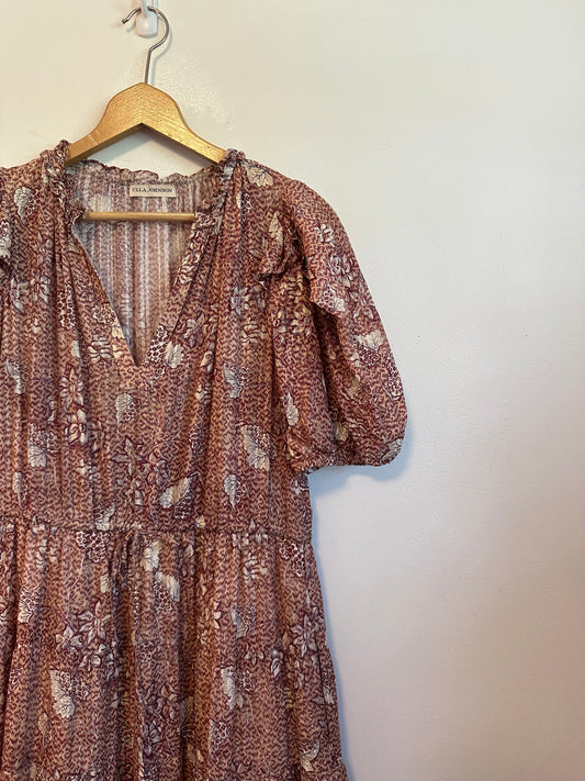 Ulla Johnson Romina Burgundy Floral Puff Sleeve Midi Dress | Size 8