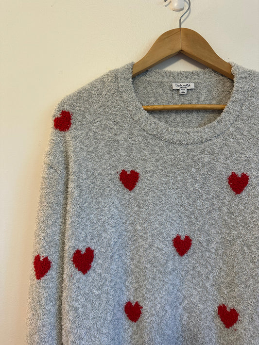 Splendid Grey Popcorn Knit Heart Embroidered Crew Neck Sweater | Size Medium