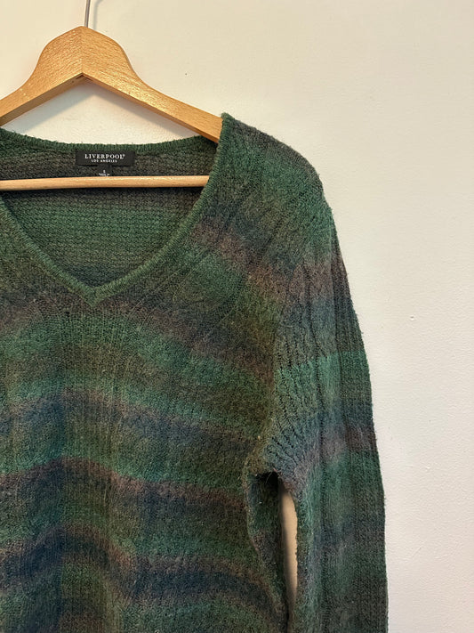 Liverpool Los Angeles Green Blue Ombre V-Neck Cable Knit Sweater | Size Small