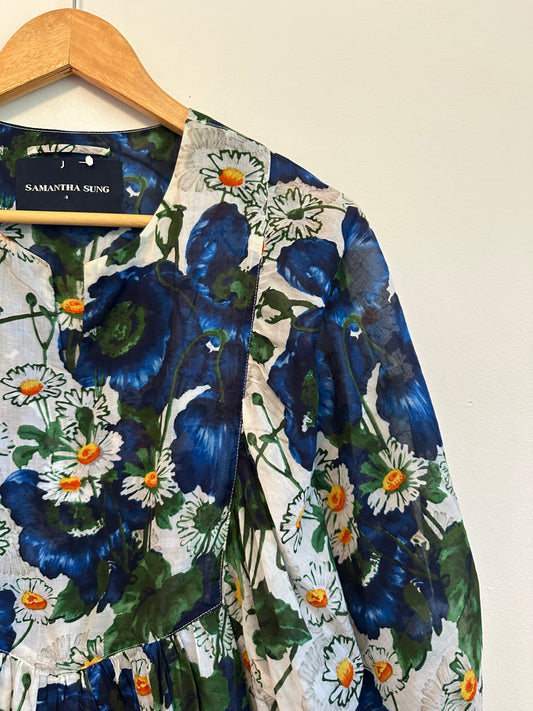 Samantha Sung Blue Poppy Daisy Floral Cotton Puff Sleeve Peplum Blouse | Size 4