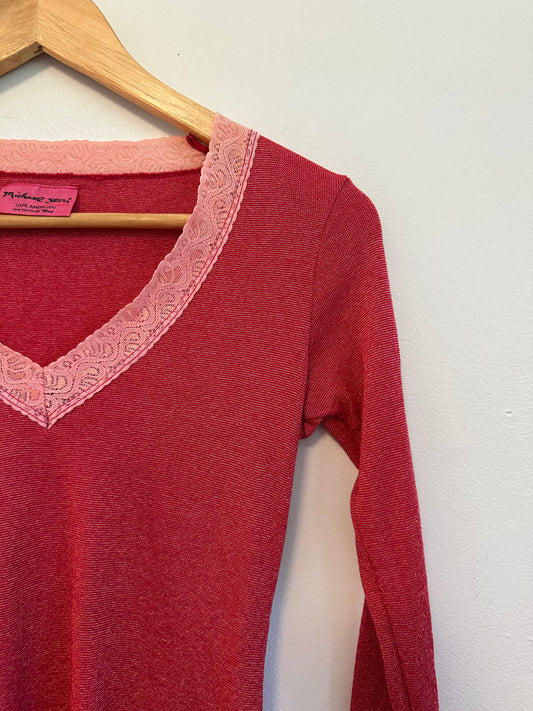 Michael Stars Red and Pink Lace Trim V-Neck Long Sleeve Top