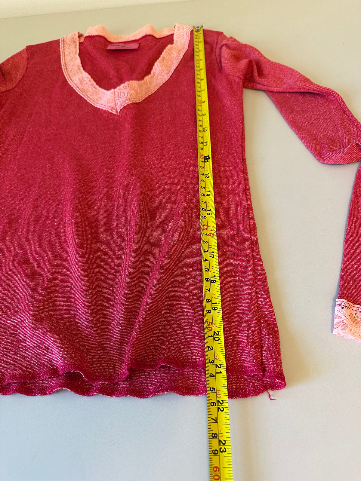 Michael Stars Red and Pink Lace Trim V-Neck Long Sleeve Top