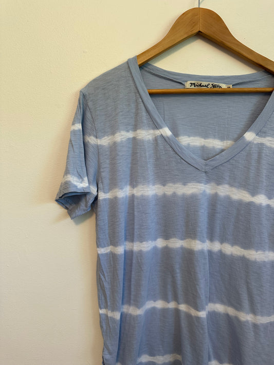 Michael Stars Tie Dye Blue and White Stripe V-Neck Short Sleeve T-Shirt