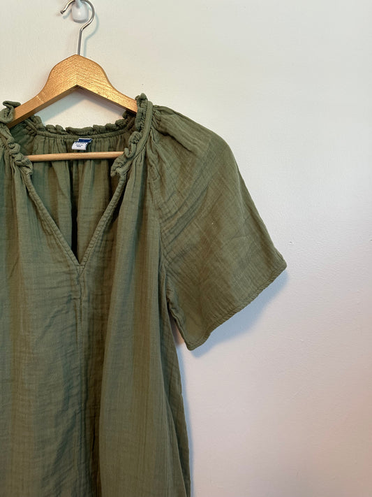 Old Navy Olive Green Cotton Gauze Ruffle Neck Shift Dress | Size Small