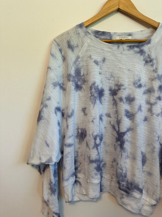 Z Supply Blue + White Tie Dye Thermal Waffle Knit Oversized Sweatshirt | Medium