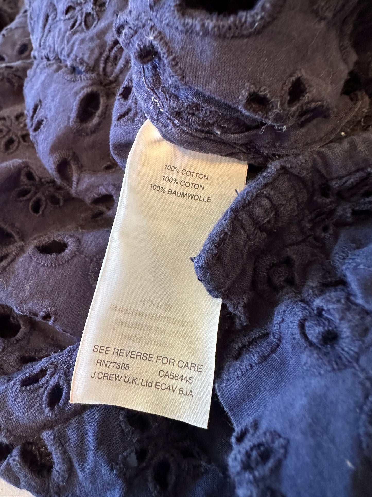 J. Crew Navy Blue Eyelet V-Neck 3/4 Sleeve Cotton Tunic Blouse | Size Small