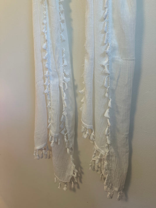 White Gauze Lightweight Tassel Fringe Crinkle Wrap Scarf | One Size