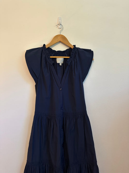 Brochu Walker Santorini Navy Blue Tiered Ruffle Flutter Sleeve Dress | Size XS