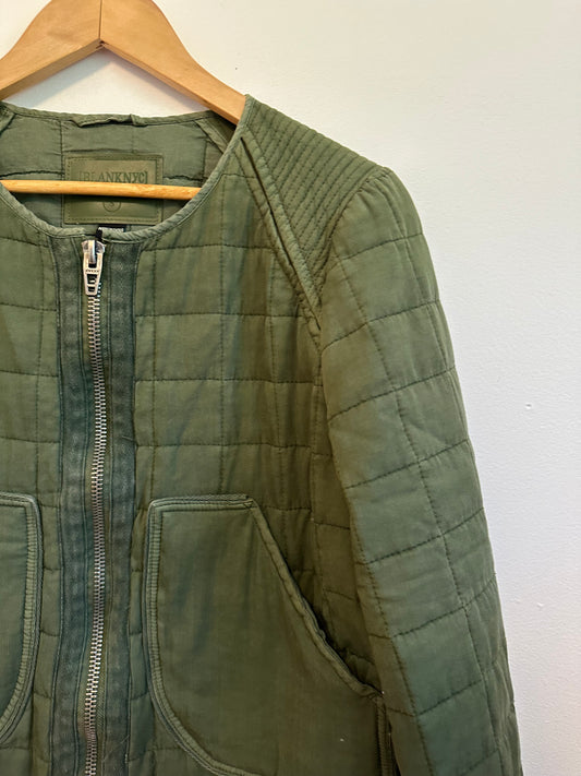 BlankNYC Happy Camper Olive Green Quilted Cropped Zip Up Bomber Jacket | Size Small