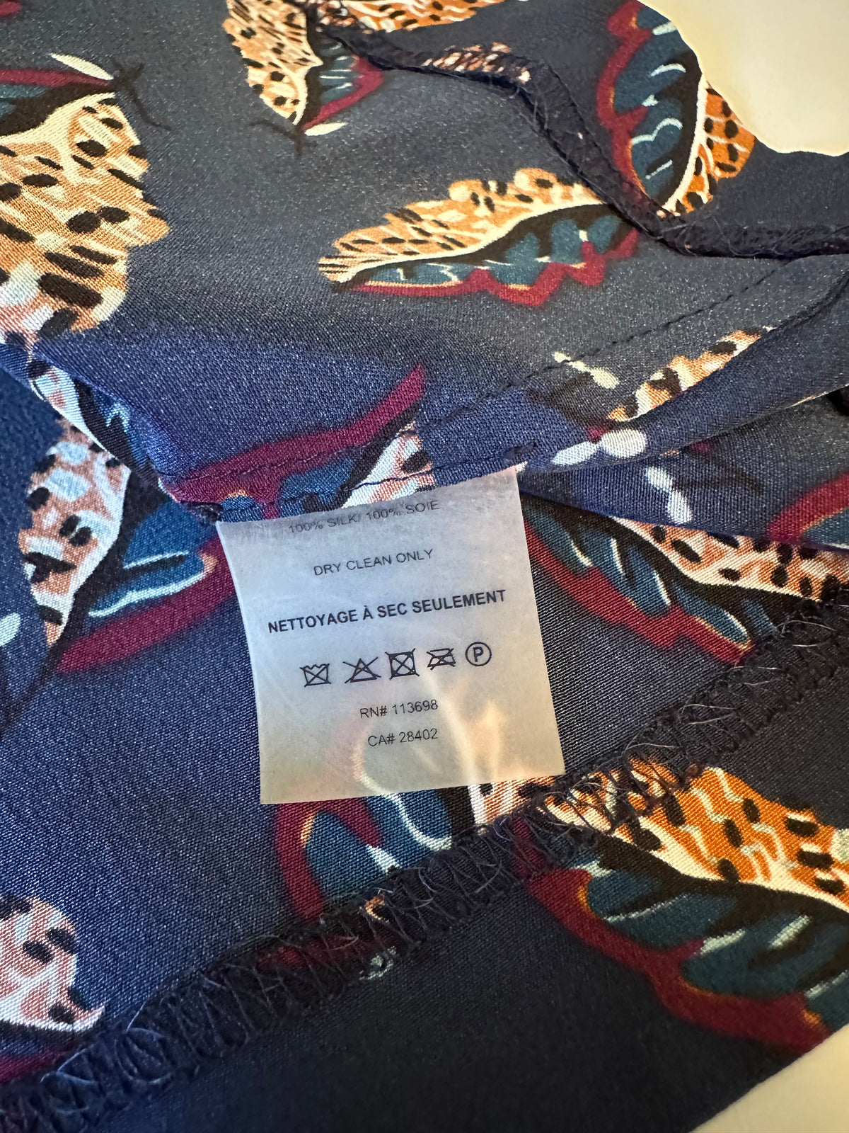 Margaret O'Leary Navy Blue Feather Print 100% Silk Short Sleeve Blouse