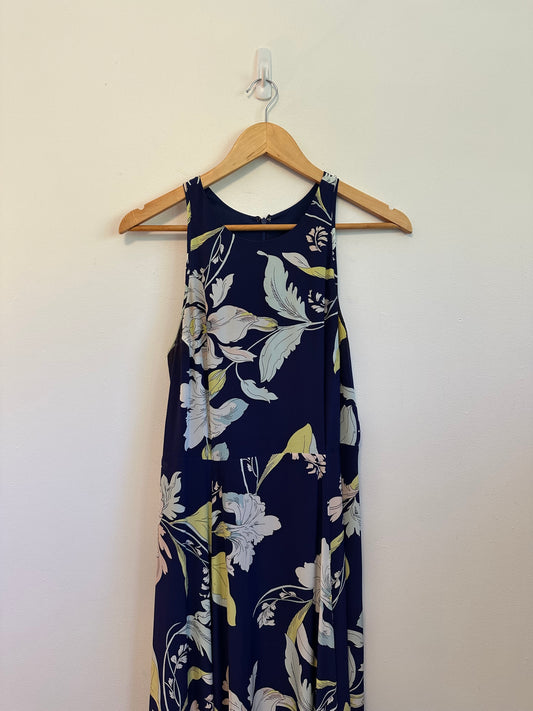Yumi Kim Navy Blue Floral Silk Maxi Dress with High Neck and Slit | Size Medium