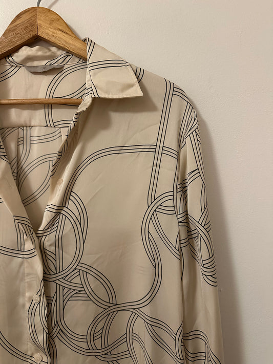 H & M Oversized Patterned Silky Button Down Blouse in Cream with Black Print