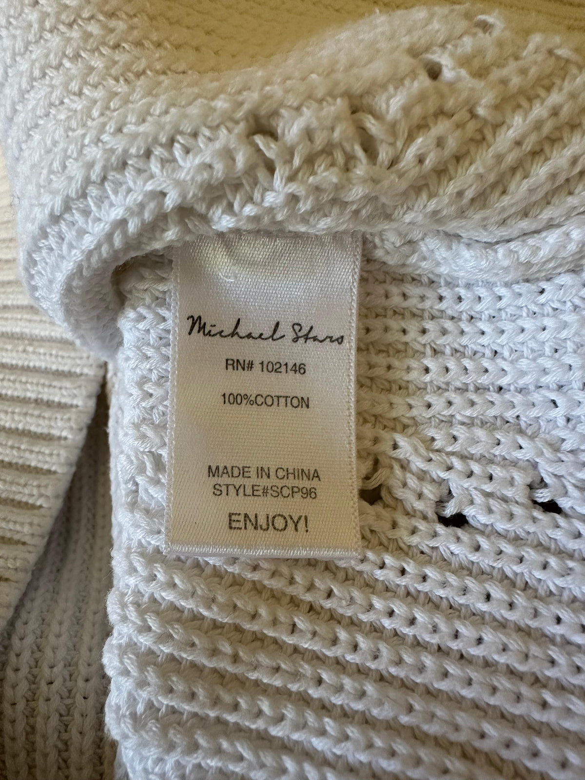 Michael Stars White 100% Cotton V-Neck Ribbed Pointelle Knit Sweater | Size Large