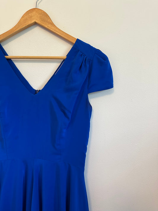 Amanda Uprichard 100% Silk V-Neck Cap Sleeve Skater Mini Dress in Royal Blue | Size Small