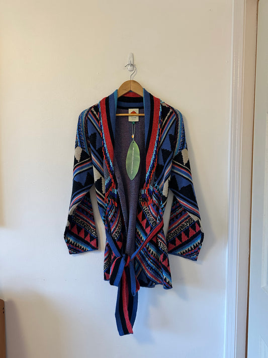 NWT Farm Rio Julie Stripes Belted Intarsia Knit Beaded Cardigan | Size Medium