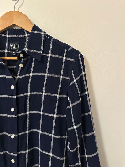 Gap Navy Blue Windowpane Plaid Boyfriend Button Down Shirt | Size Medium